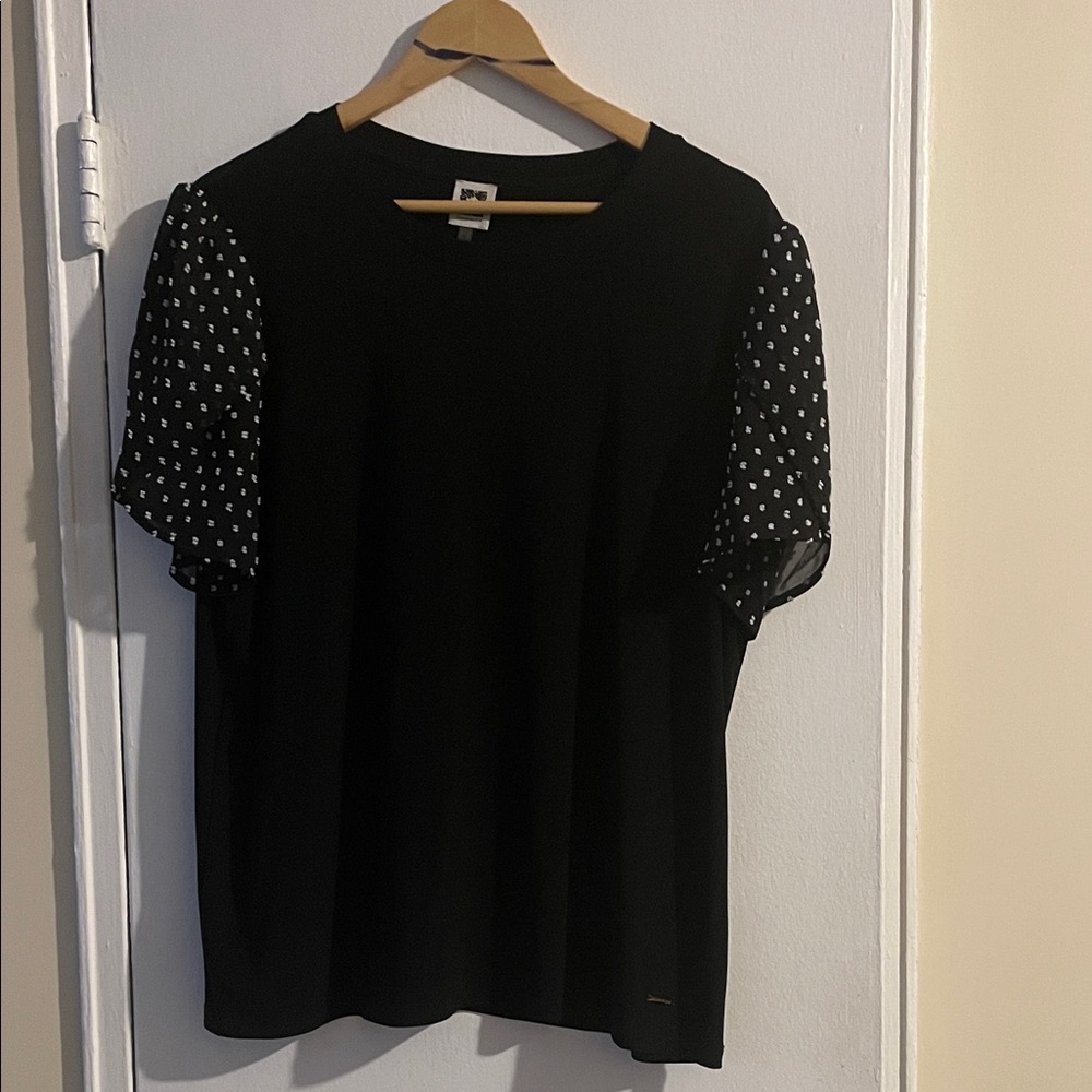 Anne Klein Black Blouse with Sheer Polka Dot Sleeves